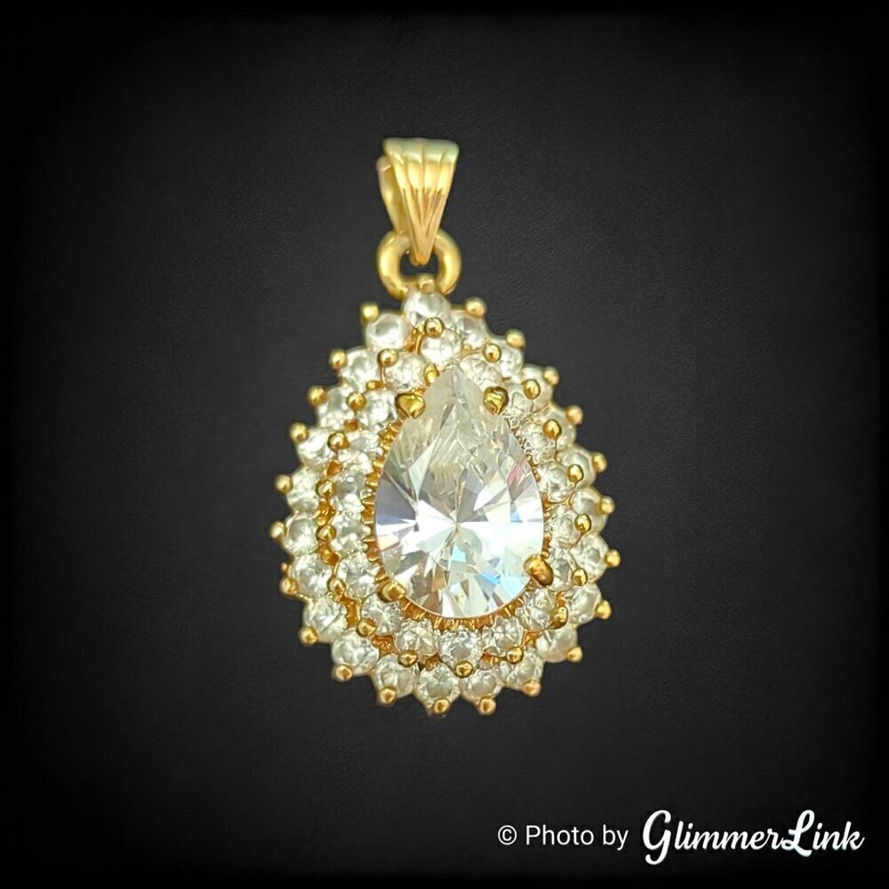 Vintage Sparkling Tiered Teardrop Double Halo Gold Tone Pendant